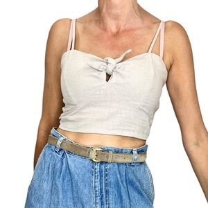Minimalist neutral beige linen blend tie front cropped thin strap summer top S
